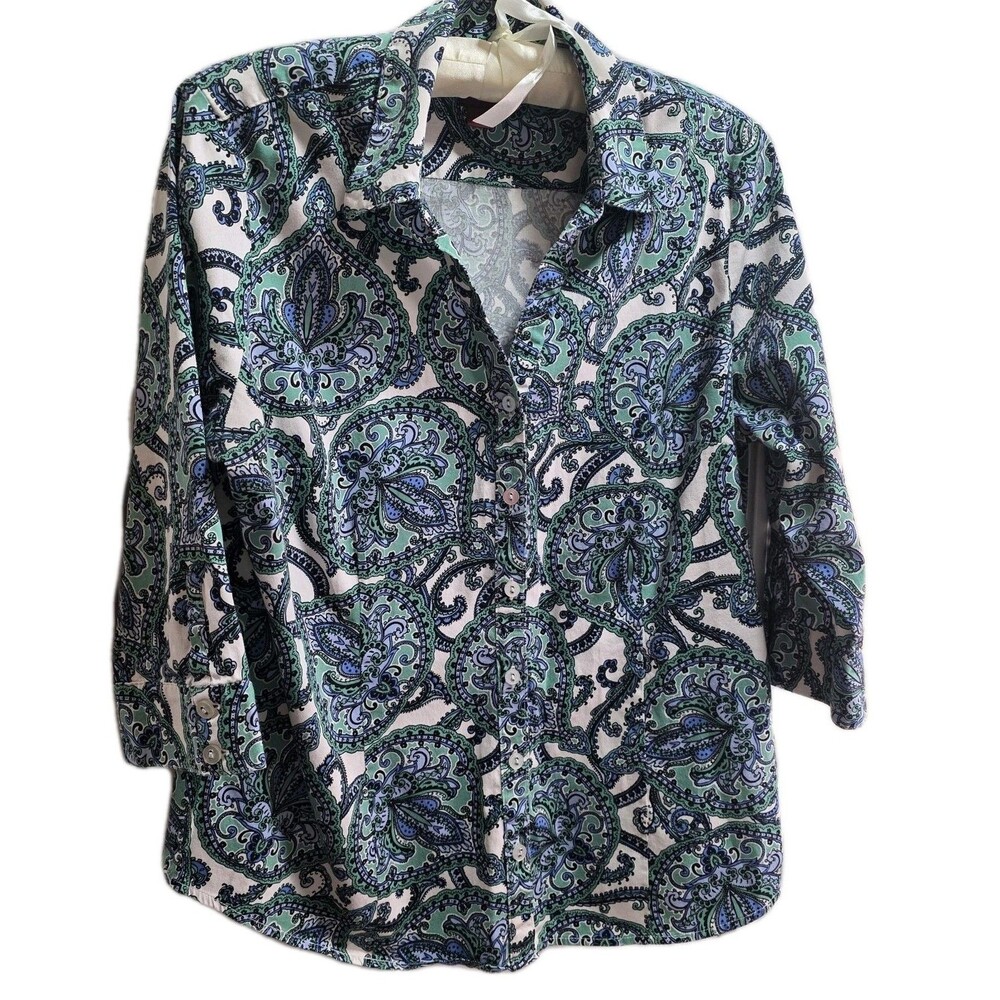 212 Collection Women's Stretch Paisley Button Down Collared Shirt Blue Green‎ L